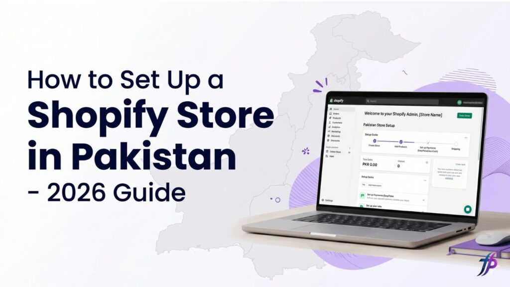 How to set up a Shopify store in Pakistan - Complete 2026 guide showing Shopify admin dashboard on laptop with Pakistan map