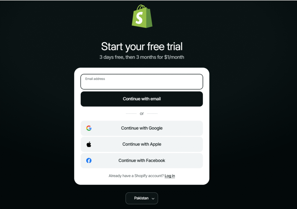 shopify sign in page screenshot