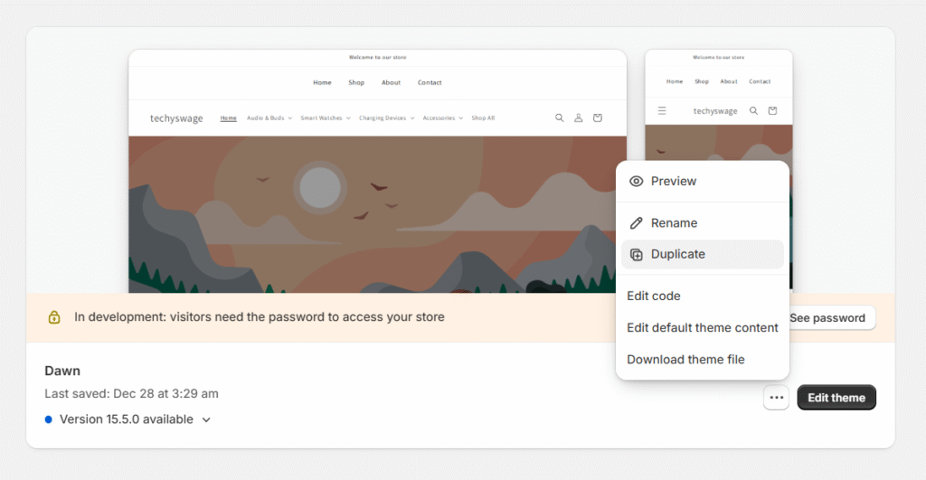 Duplicating a Shopify theme before editing to protect the live store