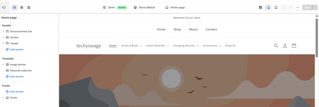 Shopify Theme Editor interface showing sections panel, live preview, and top navigation bar