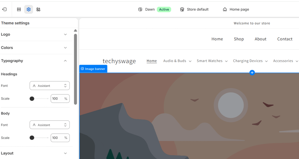 Shopify Theme Settings panel for setting brand colors and typography