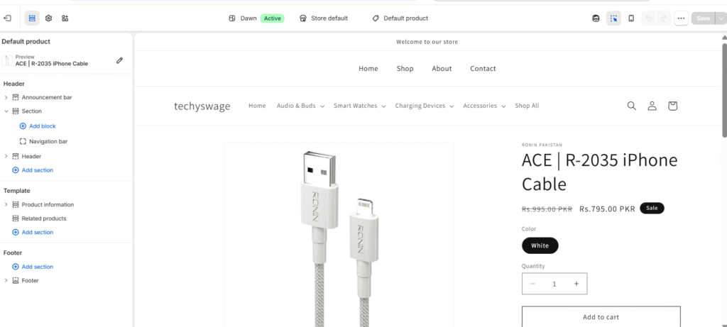 Shopify homepage sections editor showing hero banner, featured products, and about us blocks