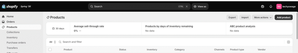 Shopify admin dashboard showing the Products page with metrics for sell-through rate, inventory remaining, and product analysis.